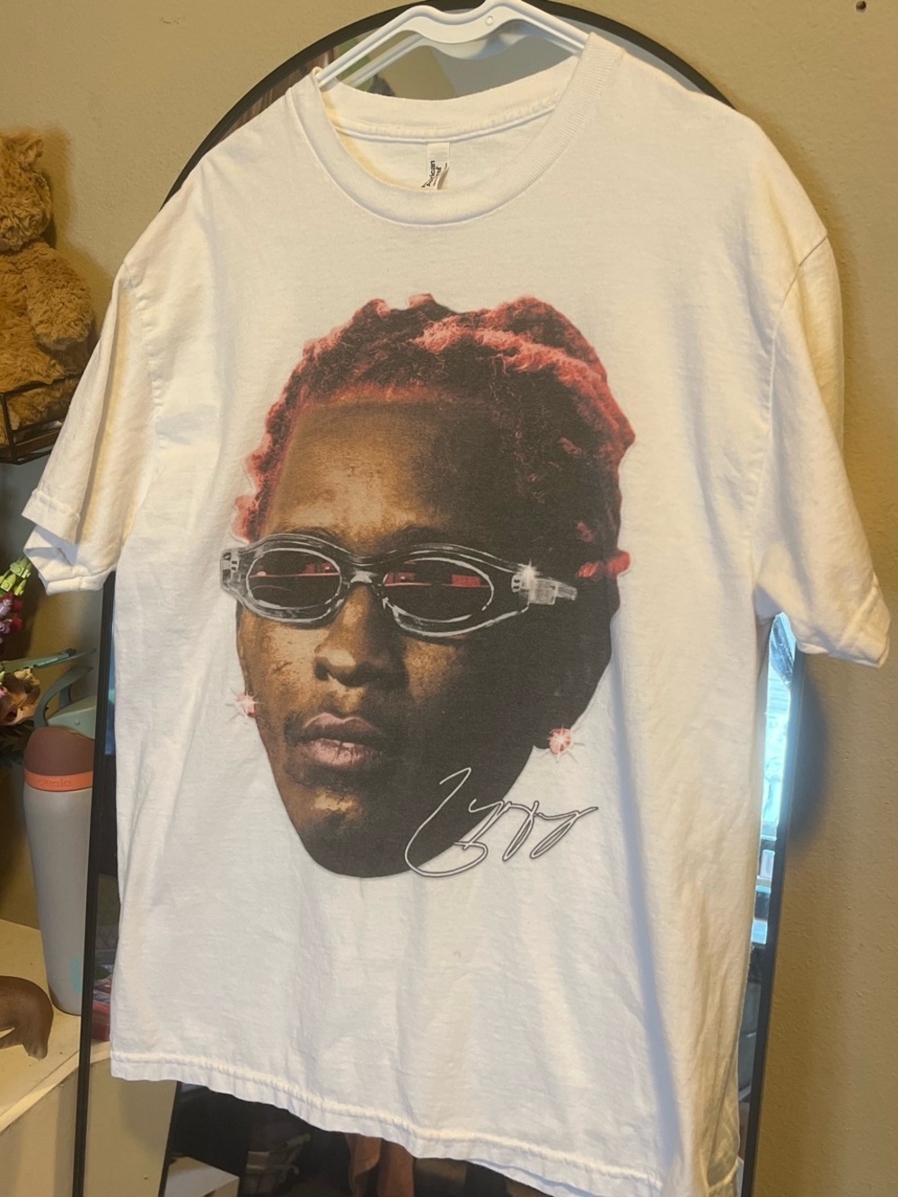 American Apparel White Graphic Tee with Pink-Red Hair Portrait
